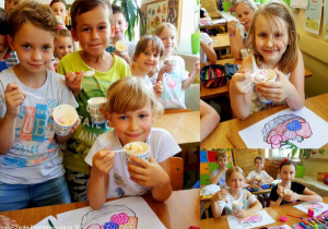 Uczniowie kl.1b podczas jedzenia lodów.